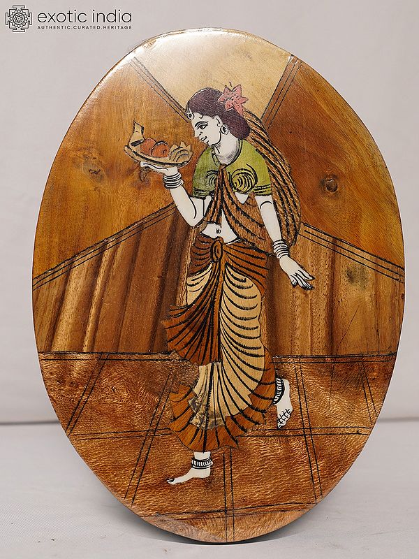 12" Lady Holding Tray Of Fruits | Rosewood Panel With Inlay Work