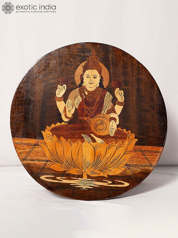 12" Goddess Dhanalakshmi With Four Armed | Rosewood Panel With Inlay Work