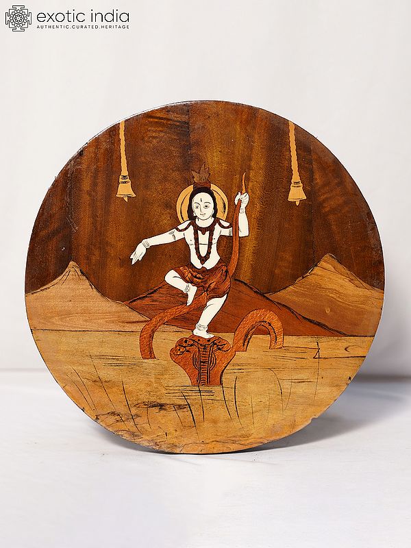 12" Krishna Dancing On Kaliya Serpent | Rosewood Panel With Inlay Work