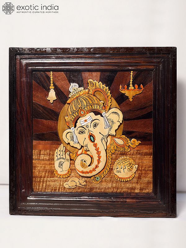 15" Blessing Posture Of Ganesha With Mushaka | Rosewood Panel With Inlay Work