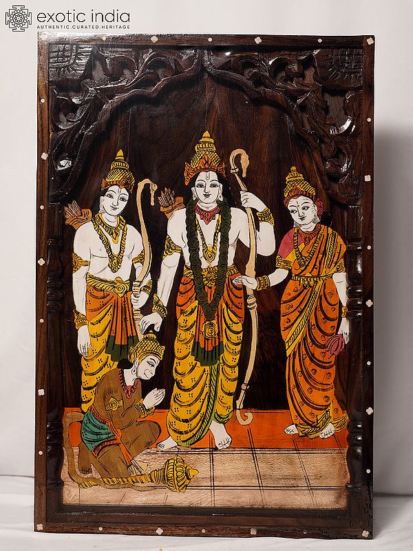 22" Shri Ram Darbar With Wood Carving | Rosewood Panel With Inlay Work
