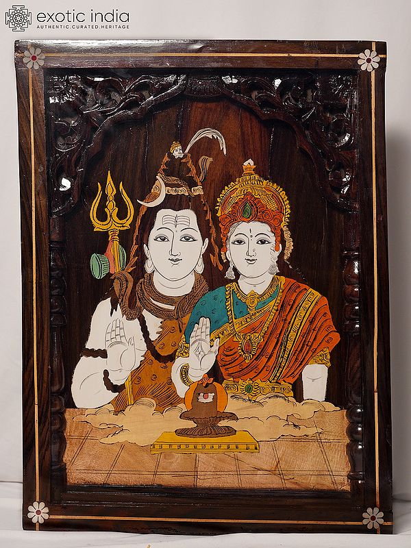 24" Lord Shiva And Parvati With Shivling | Rosewood Panel With Inlay Work