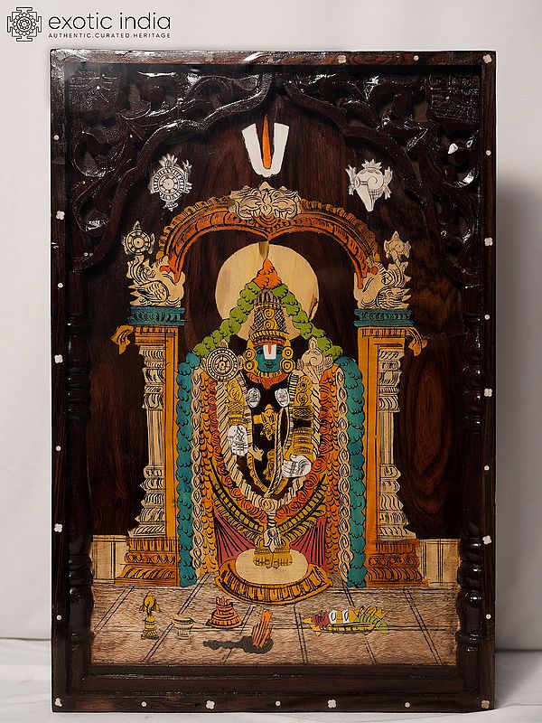 22" Lord Venkateswara With Beautiful Carving | Rosewood Panel With Inlay Work