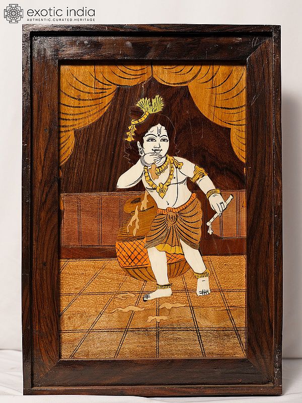 20" Lord Krishna As Natkhat Makhan Chor | Rosewood Panel With Inlay Work
