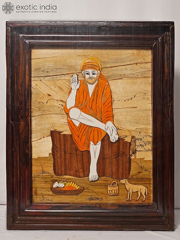 19" Seated Sai Baba With Prasadam | Rosewood Panel With Inlay Work