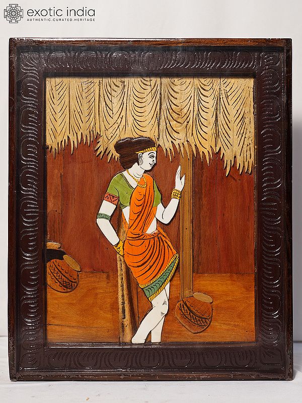 18" A Rural Lady In Standing Gesture | Rosewood Panel With Inlay Work