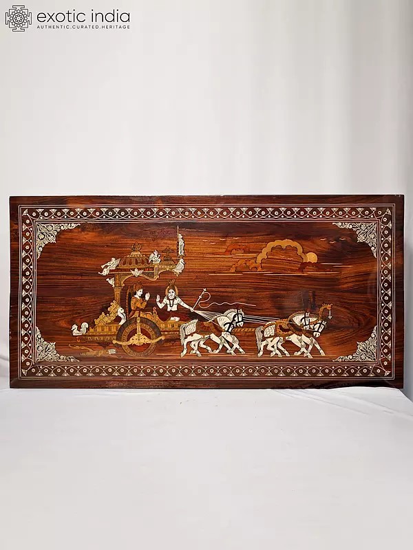 36" Beautiful Panel Of Geeta Upadesh By Krishna To Arjun | Rosewood Panel With Inlay Work