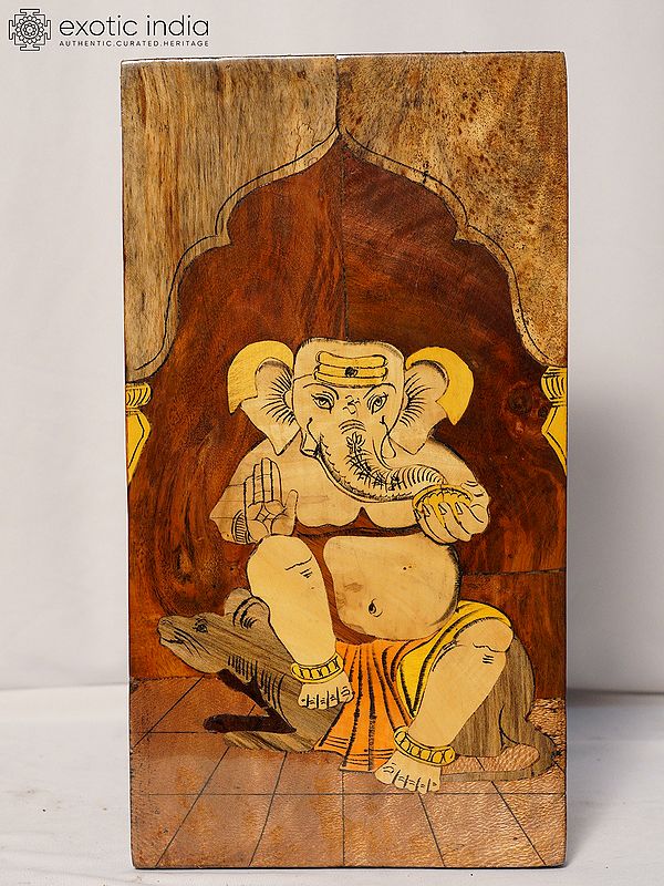 14" Lord Ganapati Seated On Mushak With Blessing Posture | Rosewood Panel With Inlay Work