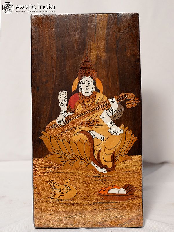 12" Chaturbhuja Goddess Saraswati | Rosewood Panel With Inlay Work