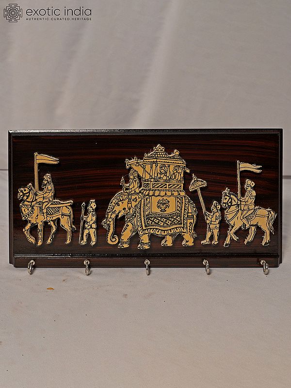 12" Royal Ride With Elephant And Royal Soldiers - Key Holder | Rosewood Panel With Inlay Work