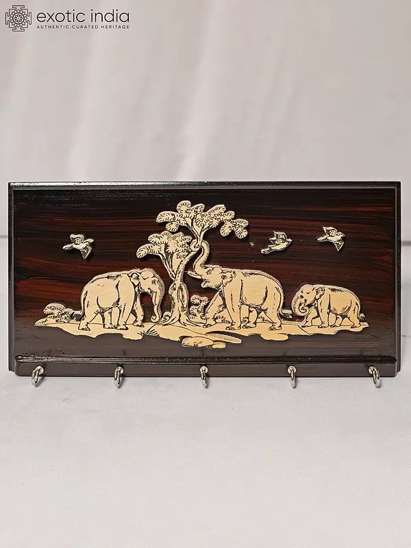 12" Elephants In The Jungle - Key Holder With Five Hooks | Rosewood Panel With Inlay Work