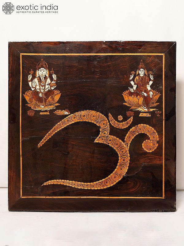 18" Aum With Lakshmi And Ganesha | Rosewood Panel With Inlay Work