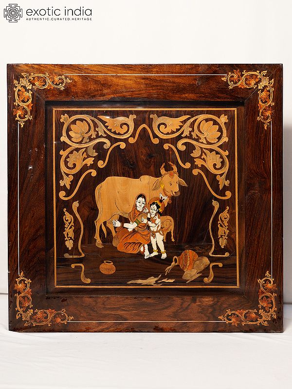20" Little Krishna With Yashoda Maa | Rosewood Panel With Inlay Work