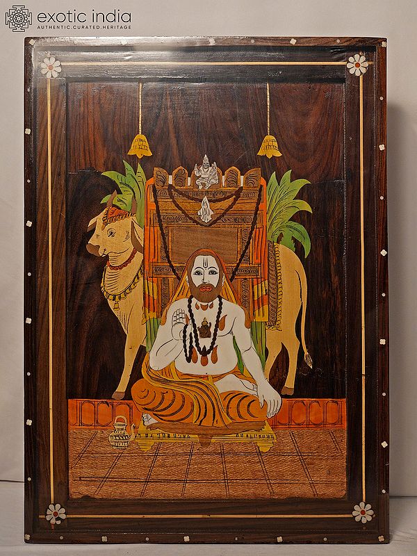 24" Guru Raghavendra Swamy In Blessing Posture | Rosewood Panel With Inlay Work