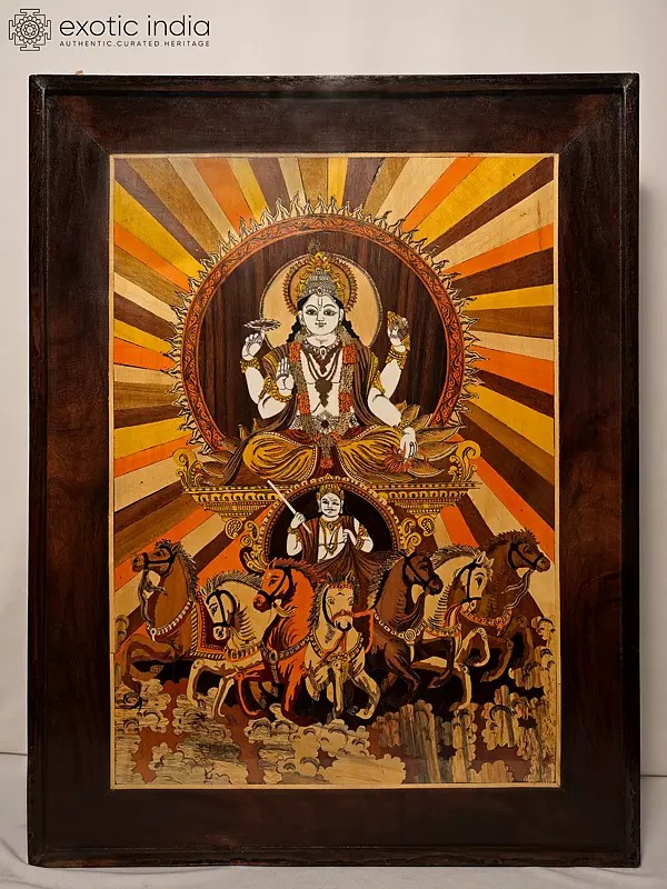 25" Sun God With Seven Horses Chariot | Rosewood Panel With Inlay Work