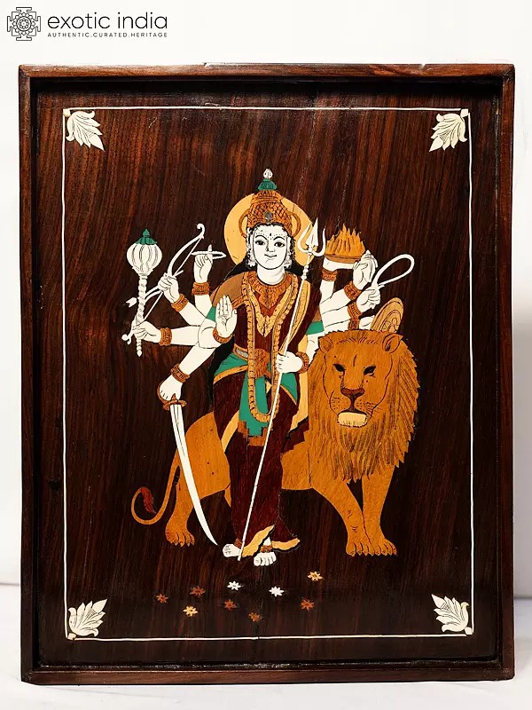 15" Ten Armed Goddess Chamunda | Rosewood Panel With Inlay Work