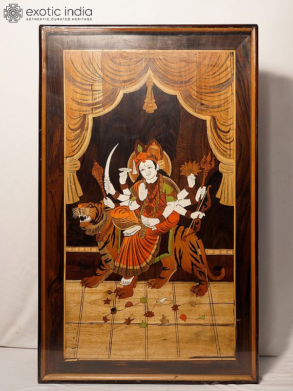30" Goddess Durga - Ashtabhujadharini | Rosewood Panel With Inlay Work