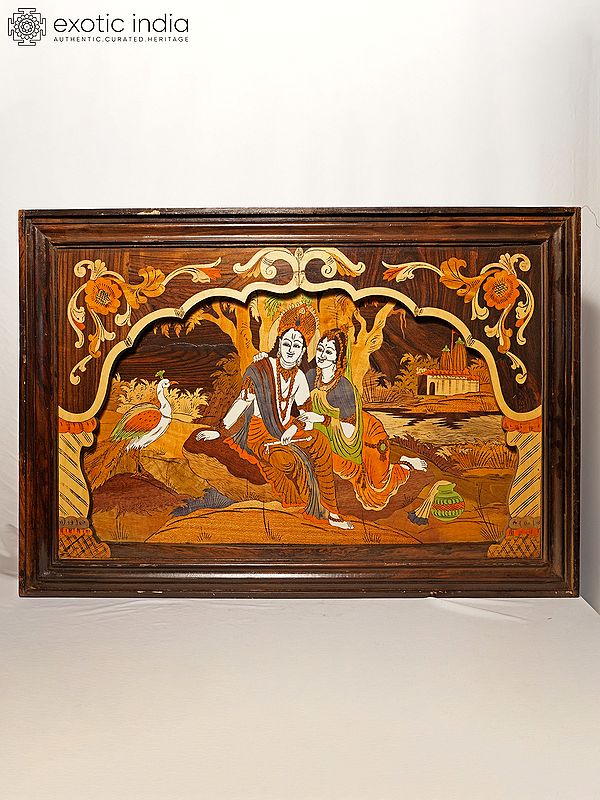 36" Radha And Krishna Seated With Peacock | Rosewood Panel With Inlay Work