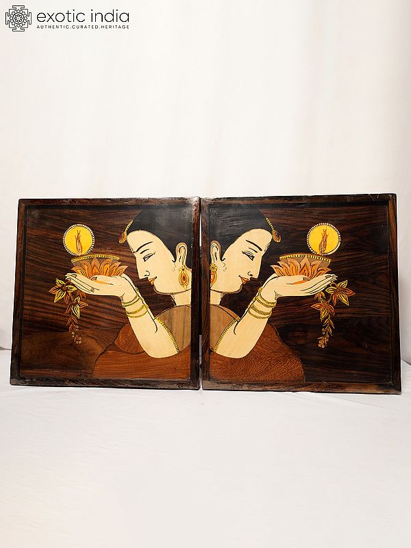 15" Lady Holding Deepam - Pair | Rosewood Panel With Inlay Work