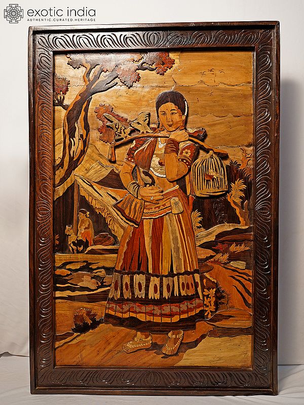 36" Lady Carrying The Birds Cage | Rosewood Panel With Inlay Work