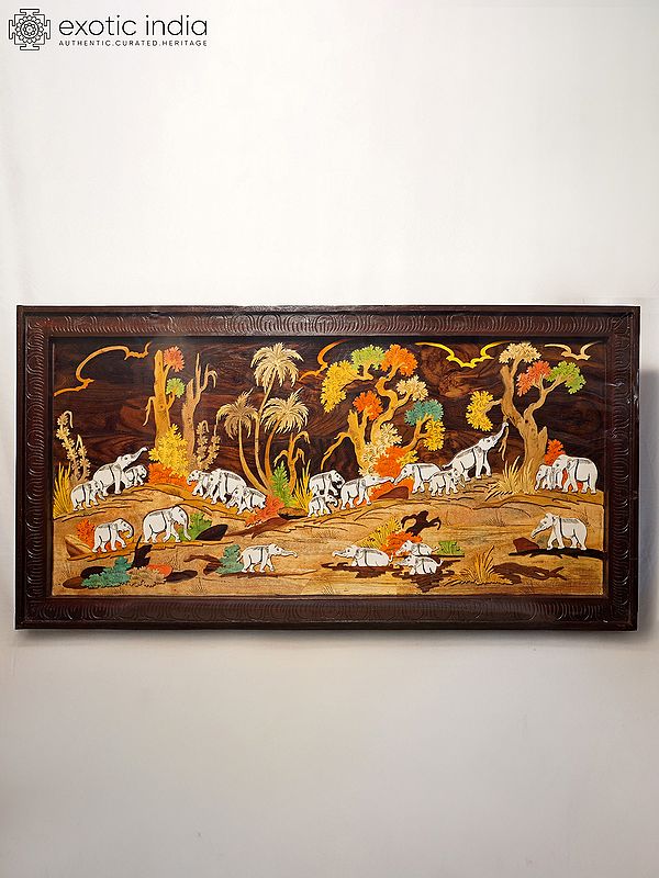 48" Herd Of Elephants In The Forest | Rosewood Panel With Inlay Work