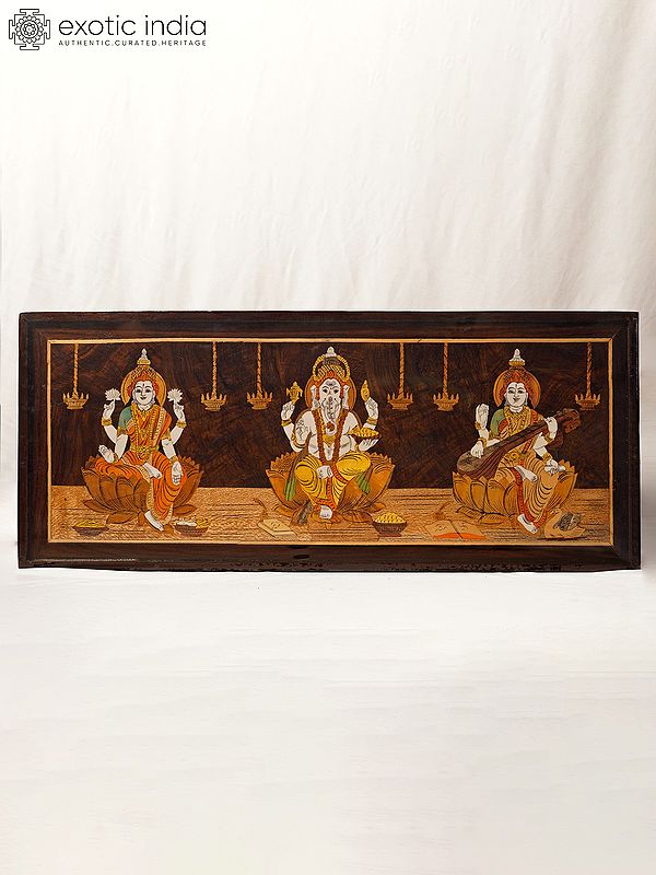 30" Trio Of Lakshmi, Ganesha And Saraswati | Rosewood Panel With Inlay Work