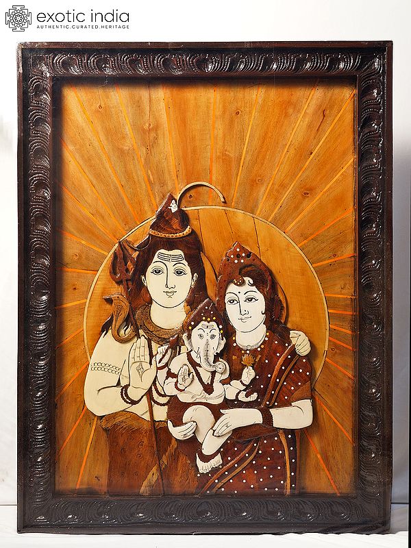 32" Little Ganesha In The Lap Of Goddess Parvati With Shiva | Rosewood Panel With Inlay Work
