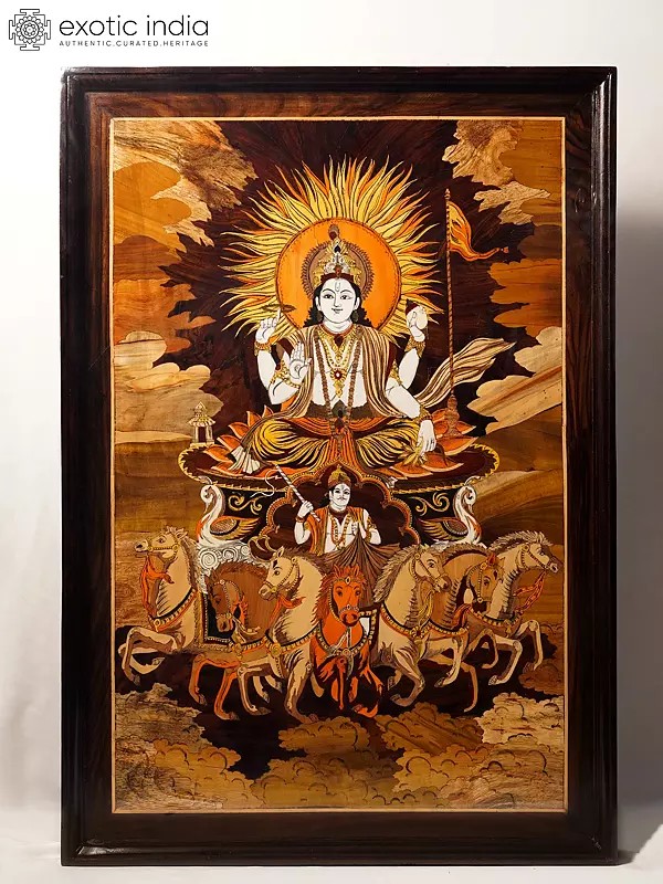 36" Surya Dev Seated On Seven Horses Chariot | Rosewood Panel With Inlay Work