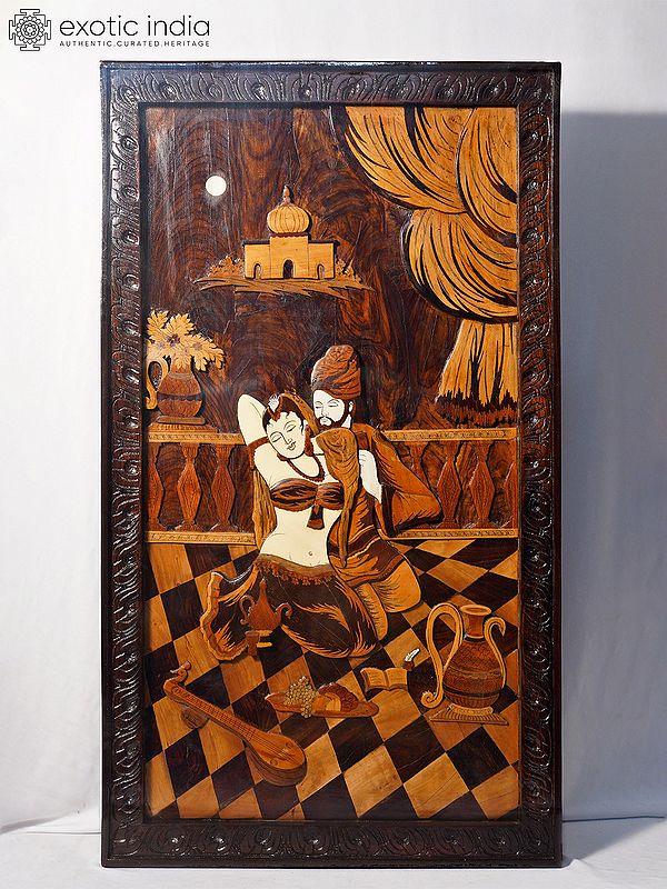 42" Man And Lady In The Courtyard | Rosewood Panel With Inlay Work