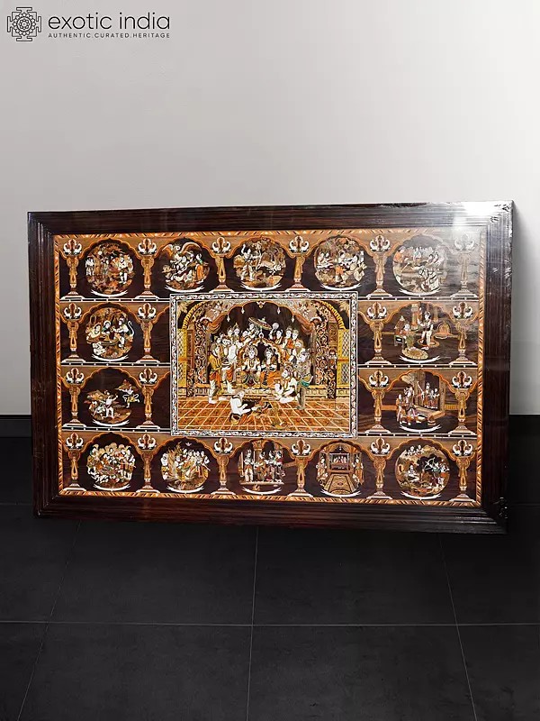 72" Beautiful Wood Panel Of Story Of Lord Rama | Rosewood Panel With Inlay Work