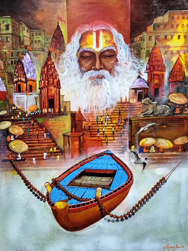 Divine Reflections Of Banaras Ghat | Acrylic On Canvas | By Arjun Das