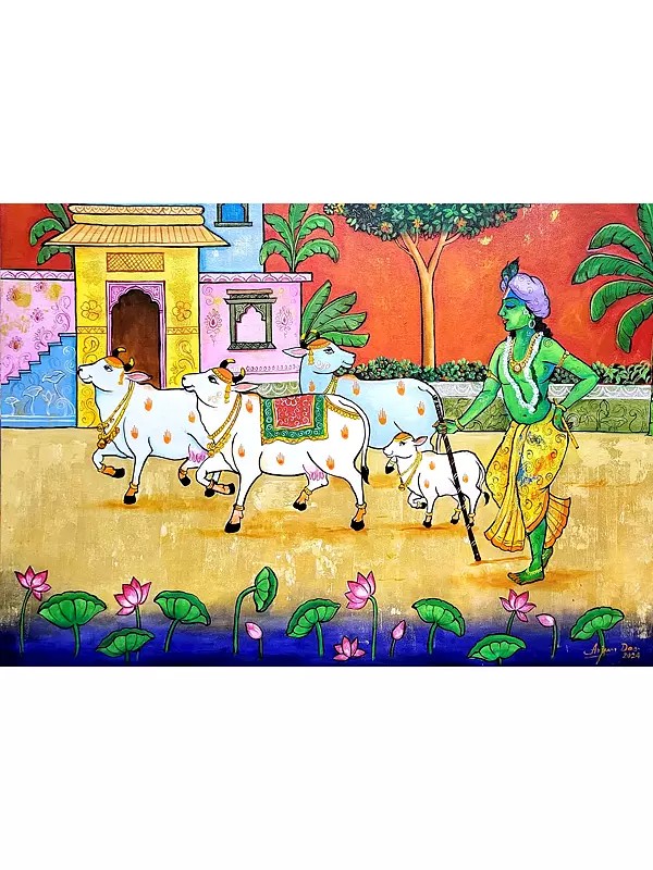 Lord Krishna With Cow | Acrylic On Canvas | By Arjun Das