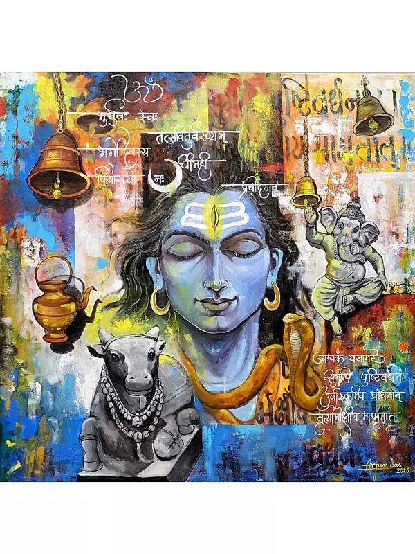 Lord Shiva With Ganesha And Nandi | Acrylic On Canvas | By Arjun Das