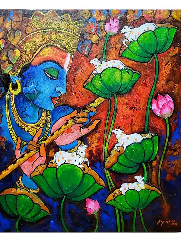 Krishna’s Melody : Cow And Lotus | Acrylic On Canvas | By Arjun Das