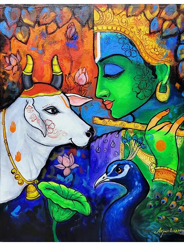 Lord Krishna And Cow | Acrylic On Canvas | By Arjun Das