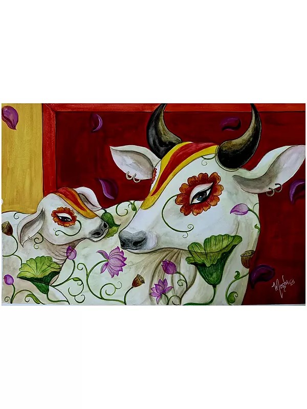 Cow And Calf With Floral Motif | Mixed Medium On 300Gsm | By Megha Chakraborty