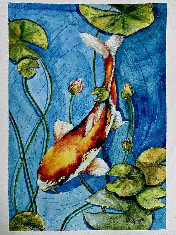 Koi Fish In Lotus Pond | Watercolor On 300Gsm | By Megha Chakraborty