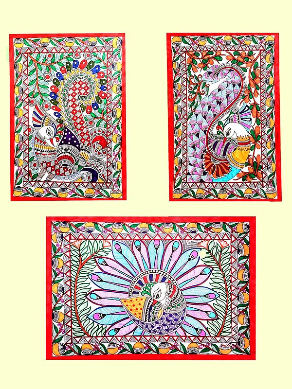 Set Of 3 Peacocks Madhubani Painting  | Alcohol Markers And Fineliners On Paper | By Ruchi