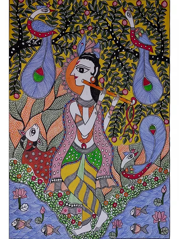 Krishna’s Melody In The Forest Madhubani Painting | Acrylic On Canvas | By Lalita Ray