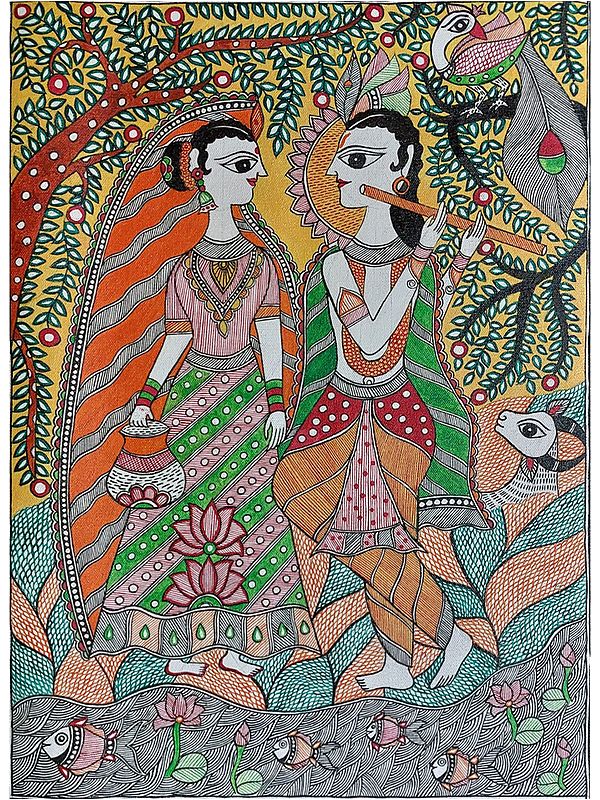 Radha Krishna With Cow Madhubani Painting | Acrylic On Canvas | By Lalita Ray