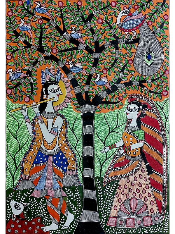 Radha Krishna Under The Tree Madhubani Painting | Acrylic On Canvas | By Lalita Ray