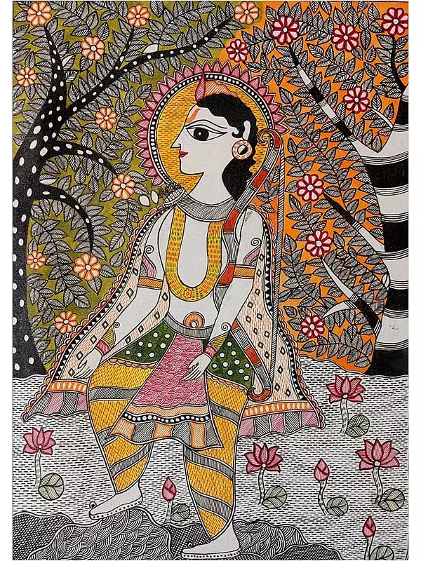 Madhubani Painting Of Lord Rama In Nature | Acrylic On Canvas | By Lalita Ray