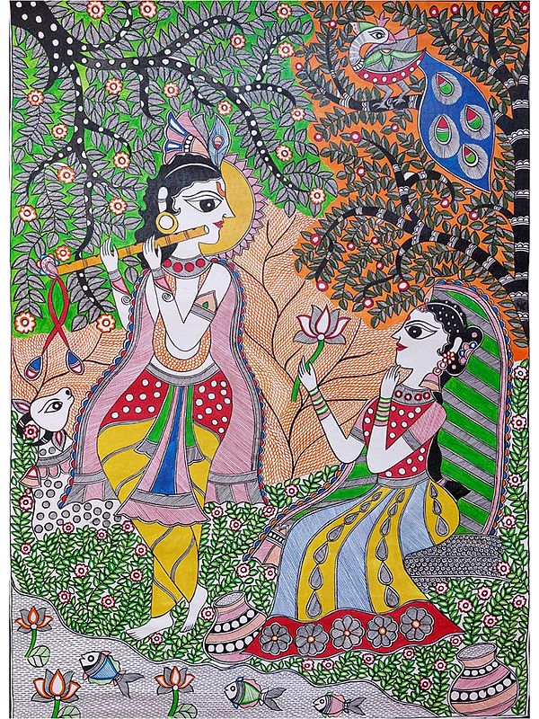 Krishna Playing Flute With Radha Madhubani Painting | Acrylic On Canvas | By Lalita Ray
