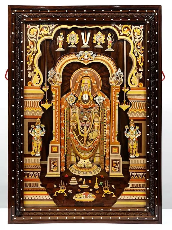 36" Superfine Tirupati Balaji (Venkateshvara) | Colorful 3D Wall Panel in Rosewood with Inlay Work