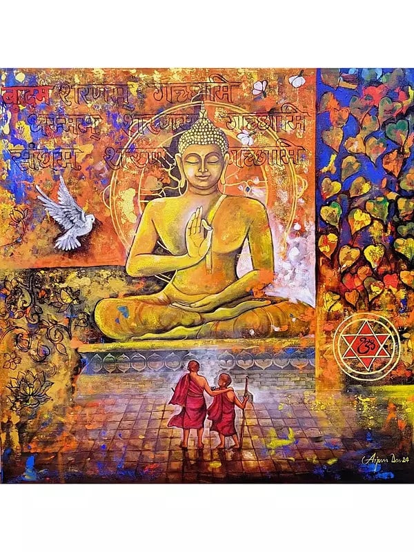 48" Buddha And Monk | Acrylic On Canvas | By Arjun Das