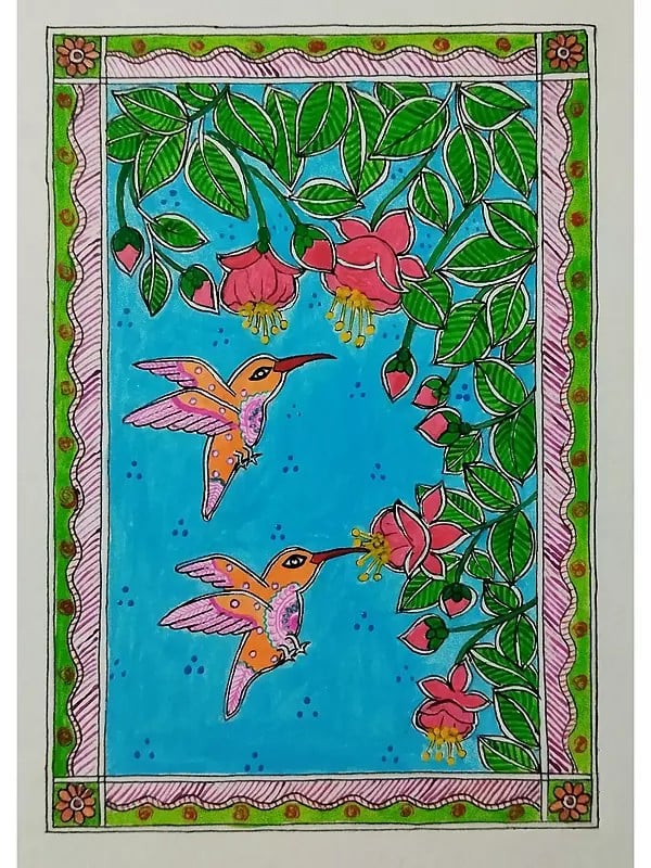 Humming Birds | Acrylic On Paper | Madhubani Painting By Nishu Singh