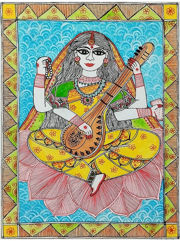 Maa Saraswati Madhubani Painting | Acrylic On Paper | By Nishu Singh