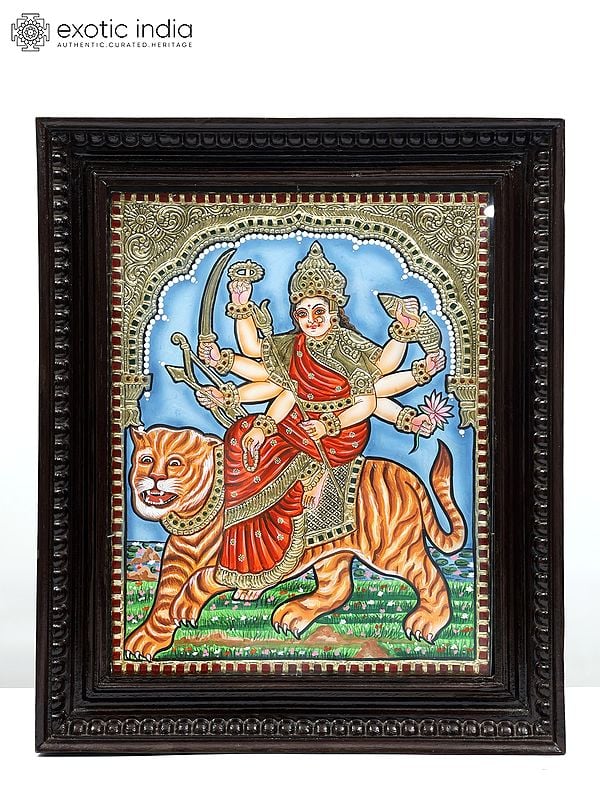 18" Goddess Durga (Sherawali Maa) | Framed Tanjore Painting