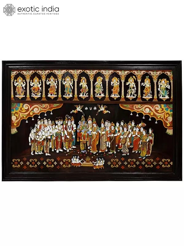 72" Large Srinivasa Kalyanam | Colorful 3D Wall Panel in Rosewood with Inlay Work