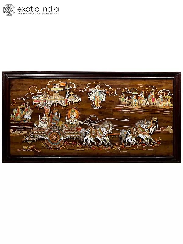 96" Huge Geeta Upadesha with Vishvarupa of Lord Vishnu | Colorful 3D Wall Panel in Rosewood with Inlay Work